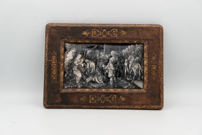 null 
Enamel plaque painted in grisaille representing the Adoration of the Magi;...