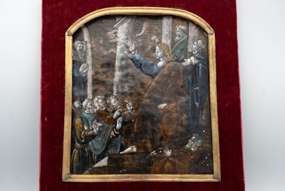 null 
Plaque in polychrome painted enamel with gold highlights representing the Preaching...