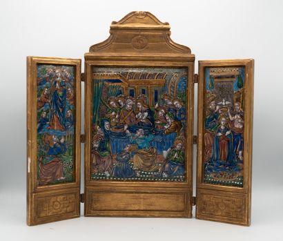 null 
Triptych in polychrome painted enamel with gold highlights representing the...