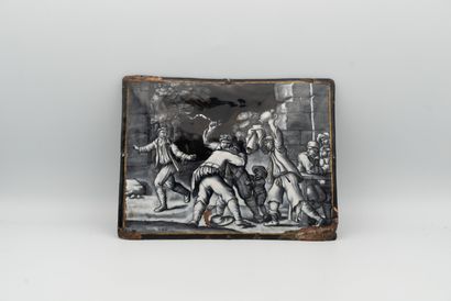 null 
Rectangular enamel plaque painted in grisaille with gold highlights representing...