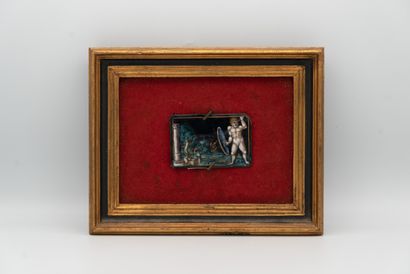 null 
Plaque in polychrome painted enamel with gold highlights depicting a naked...