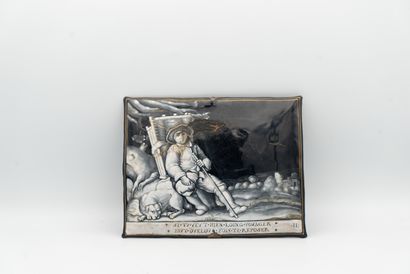 null 
Enamel plaque painted in grisaille representing a man resting, basket on his...