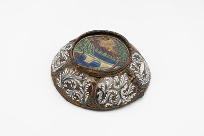 null 
Small cup in polychrome and grey painted enamel with gold highlights with six...