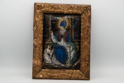 null 
Plaque en émail peint polychrome avec rehauts d’or représentant un saint Evêque...