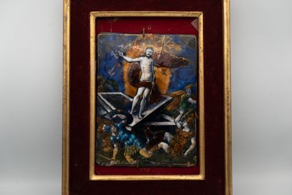 null 
Polychrome painted enamel plate representing the Resurrection, counter-enamel...