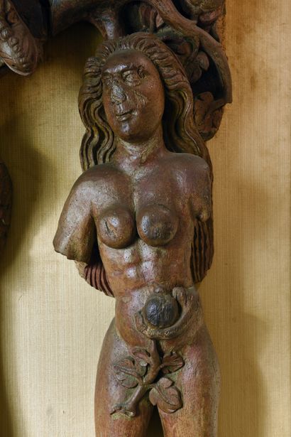 null Partie de retable en bois sculpté et polychromé représentant Adam et Eve autour...