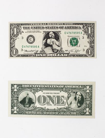 null EROTIC, two counterfeit One Dollar bills whose images have been replaced by...