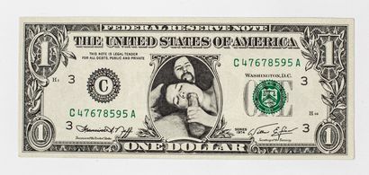 null EROTIC, two counterfeit One Dollar bills whose images have been replaced by...