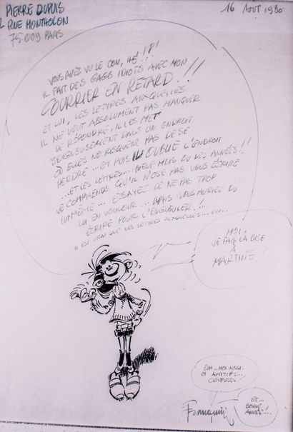 FRANQUIN (1924-1997) 
FRANQUIN (1924-1997), lettre manuscrite avec dessin de Gaston...
