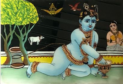 null Ecole indienne du XXème siècle 

Krishna enfant enchainé à un mortier

Peinture...