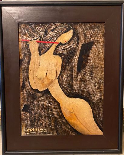 null VIETNAM, 20th century. 

Female nude with a flute on a fishnet background. 

Lacquer...
