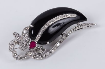 null Elegant 18K (750 thousandths) white gold BOLT adorned with a cabochon of carved...