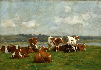 Eugène BOUDIN (1824-1898) Vaches au pâturage, vers 1880-1885. 

Huile sur toile,...