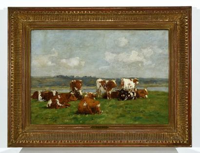Eugène BOUDIN (1824-1898) Vaches au pâturage, vers 1880-1885. 

Huile sur toile,...