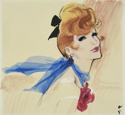 René GRUAU (1909-2004) Élégante au foulard bleu.

Aquarelle et gouache signée à l'encre...