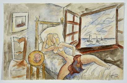 Marcel GROMAIRE (1892-1971) Fenêtre sur la mer, 1968. 

Plume, encre et aquarelle,...