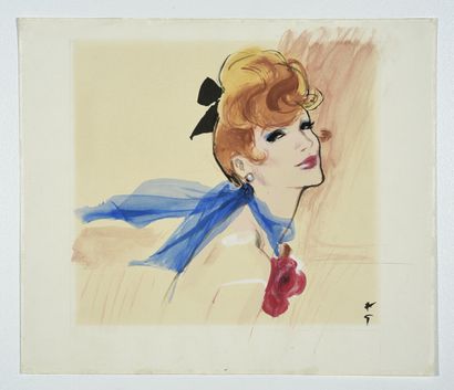 René GRUAU (1909-2004) Élégante au foulard bleu.

Aquarelle et gouache signée à l'encre...