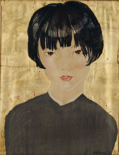 Alix AYMÉ (1894-1989) Enfant d'Indochine. 
Peinture sur soie contrecollée sur papier,...