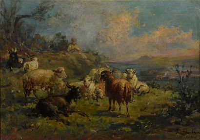 École Française du XIXe siècle Les moutons. 

Huile sur toile signée et datée 1863...