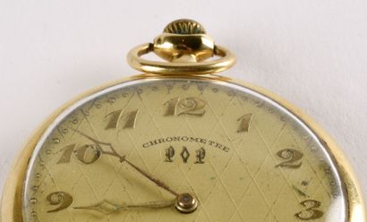 null Montre de poche chronomètre en or jaune 18K (750 millièmes). 

Cadran doré guilloché,...