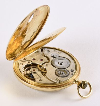 null Montre de poche chronomètre en or jaune 18K (750 millièmes). 

Cadran doré guilloché,...