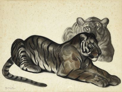 Georges Lucien GUYOT (1885-1973) Tigres couchés. 

Fusain sur papier, signé en bas...