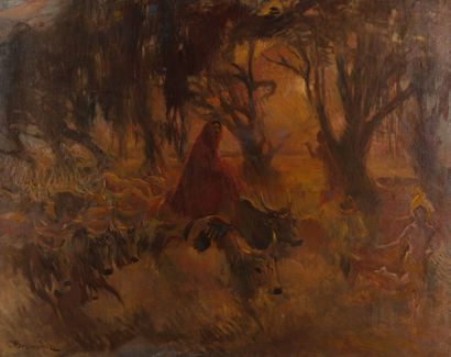 Albert BESNARD (1849-1934) The zebus and the woman in red sari in India.

Oil on...