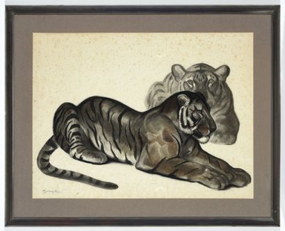 Georges Lucien GUYOT (1885-1973) Reclining Tigers. 

Charcoal on paper, signed lower...