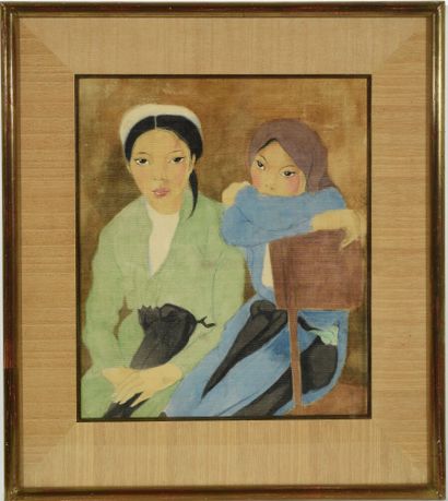 Alix AYMÉ (1894-1989) Two young girls. 

Watercolor and ink on silk mounted on cardboard....