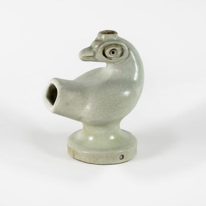 Georges JOUVE (1910-1964) Hen forming a lamp stand in cream glazed ceramic with green...