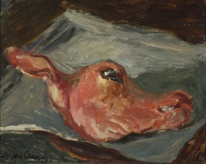 Jacques CHAPIRO (1887/97-1972) Nature morte à la tête de veau. 

Huile sur panneau,...
