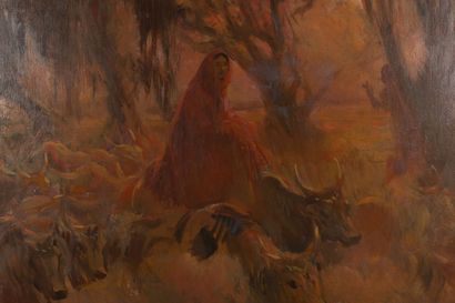 Albert BESNARD (1849-1934) The zebus and the woman in red sari in India.

Oil on...