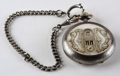 AUTO "Jumping Hours" vers 1910 Pocket watch in old blued steel, round case with three...