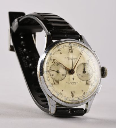 S.COCHER & CO, CHRONOGRAPHE SUISSE vers 1940 Large chronographe en acier, boitier...