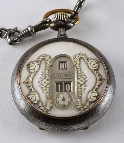 AUTO "Jumping Hours" vers 1910 Pocket watch in old blued steel, round case with three...