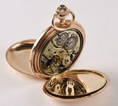 LeCoultre et Cie vers 1900 14k rose gold quarter-repeating pocket soap with pendant...