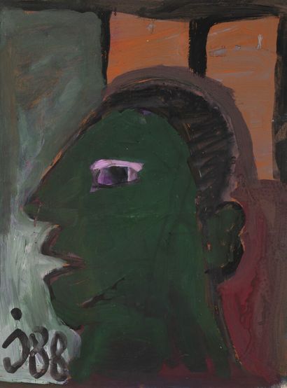 JABER (1938-2021) Portrait au visage vert, 1988. 

Gouache sur papier, initiale "J"...