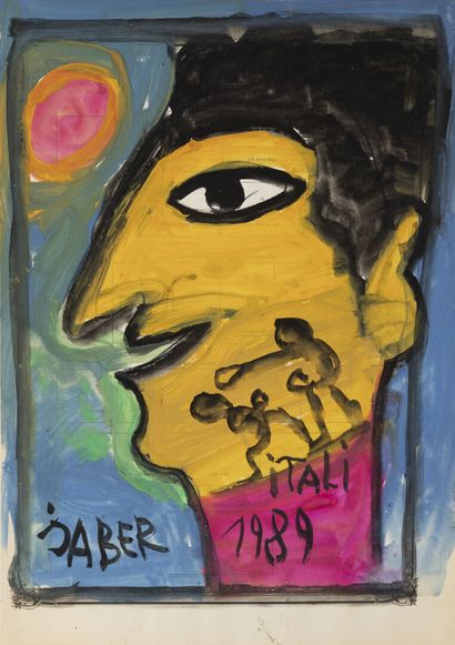JABER (1938-2021) Portrait au col roulé rose, 1989. 

Gouache sur papier, signée...