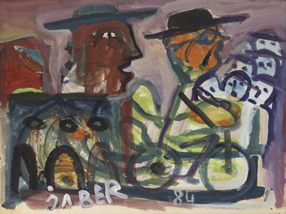JABER (1938-2021) Personnages aux chapeaux et au vélo, 1984. 

Gouache sur papier,...
