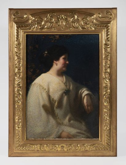 Albert BESNARD (1849-1934) Elégante de profil, 1904. 

Huile sur toile signée et...