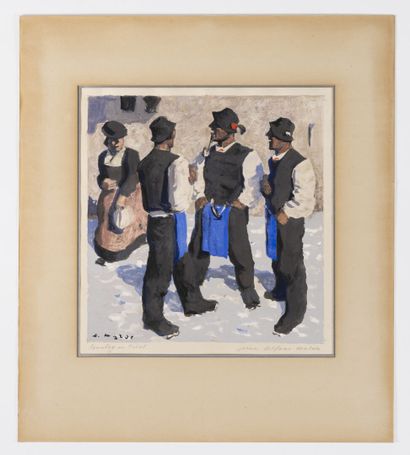 Alfons WALDE (1891-1958) Trois tyroliens. 

Gouache sur papier, signée en bas à droite...