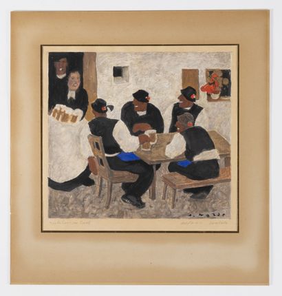 Alfons WALDE (1891-1958) Hommes attablés aux choppes de bière. 

Gouache sur papier,...