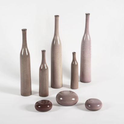 Jacques RUELLAND (1926-2008) et DANI (1933-2010) Set of five bottles and three pebbles,...
