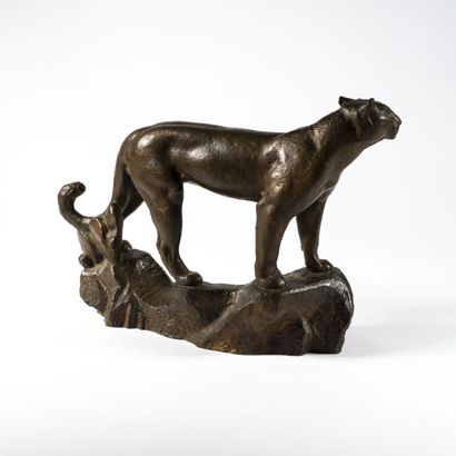 Charles DELHOMMEAU (1883-1970) Panthère sur un rocher. 

Bronze à patine brune nuancée,...