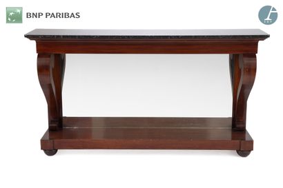 null Mahogany veneer and natural wood wall console, the rectangular top resting on...