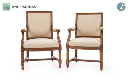 null Pair of armchairs in molded and carved natural wood. The legs are connected...