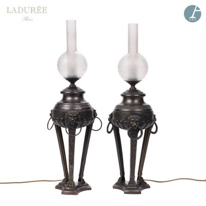 null From the House of Ladurée - Salon Paeva.

Pair of bronze lamps with black patina...