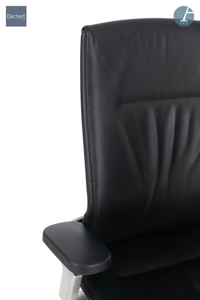 null WILKHAHN Publisher

An armchair, metal base with castors, black leather upholstery

Condition...