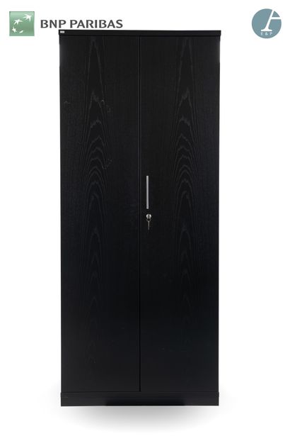 null Tall cabinet in chipboard and black lacquered ash veneer, with two swing doors...