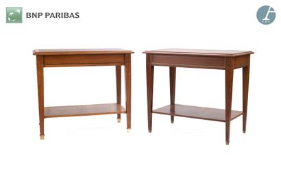 null Suite of two tables dessertes in natural wood molded and carved, top of brown...
